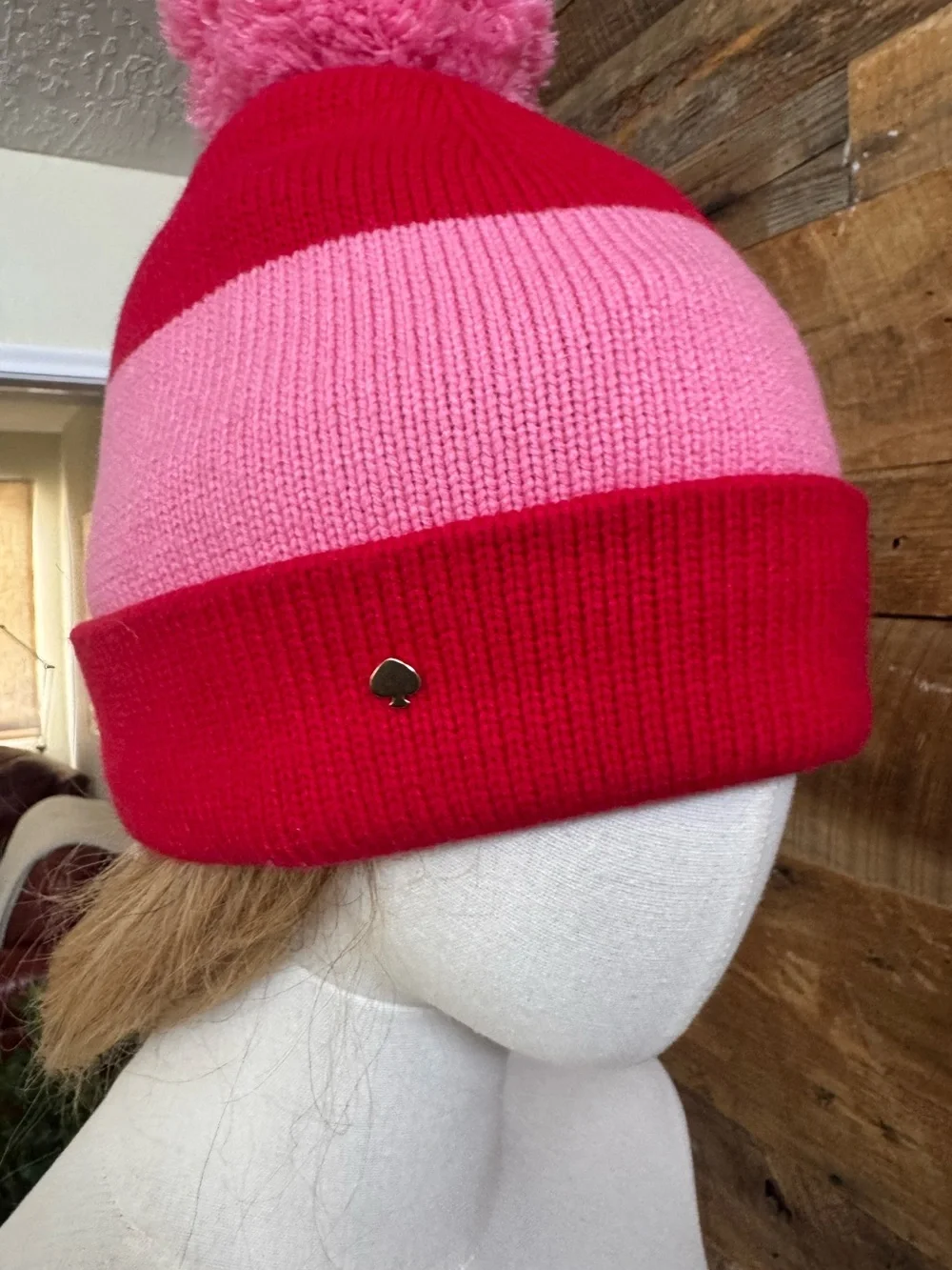 Kate Spade New York Pink Red Colorblock Pom Pom Beanie Hat Wool Blend